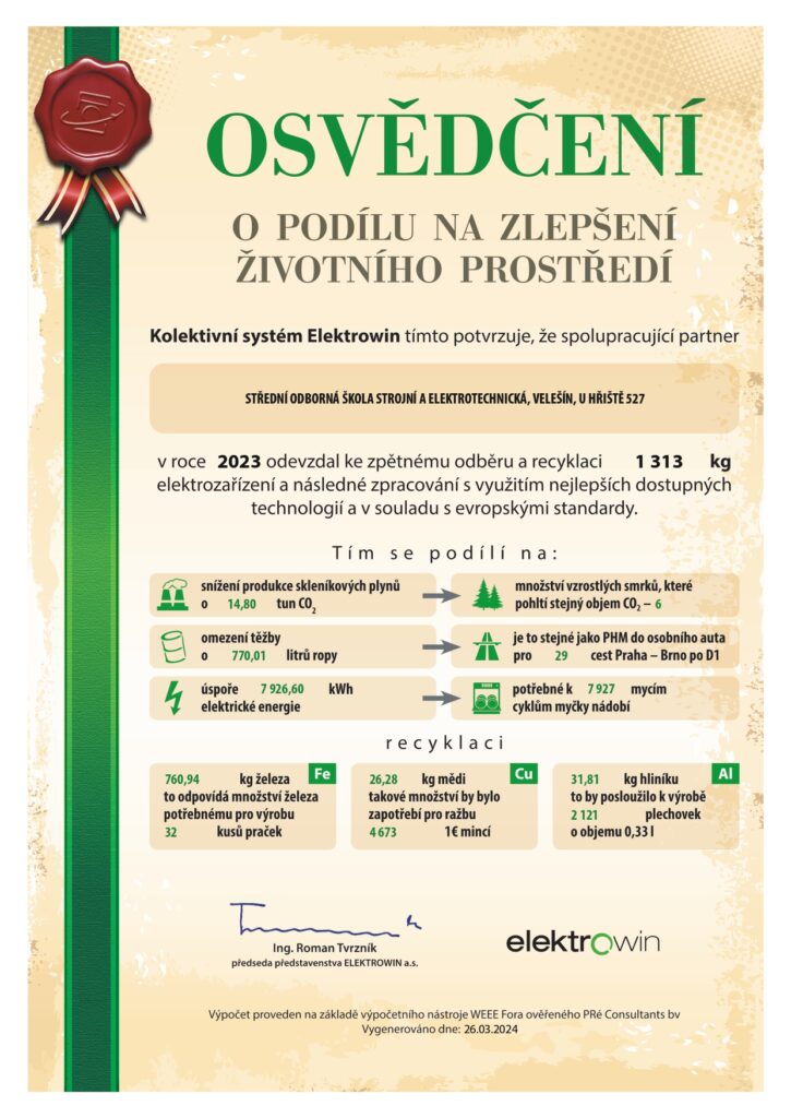 Osvědčení o podílu na zlepšení životního prostředí - rok 2023