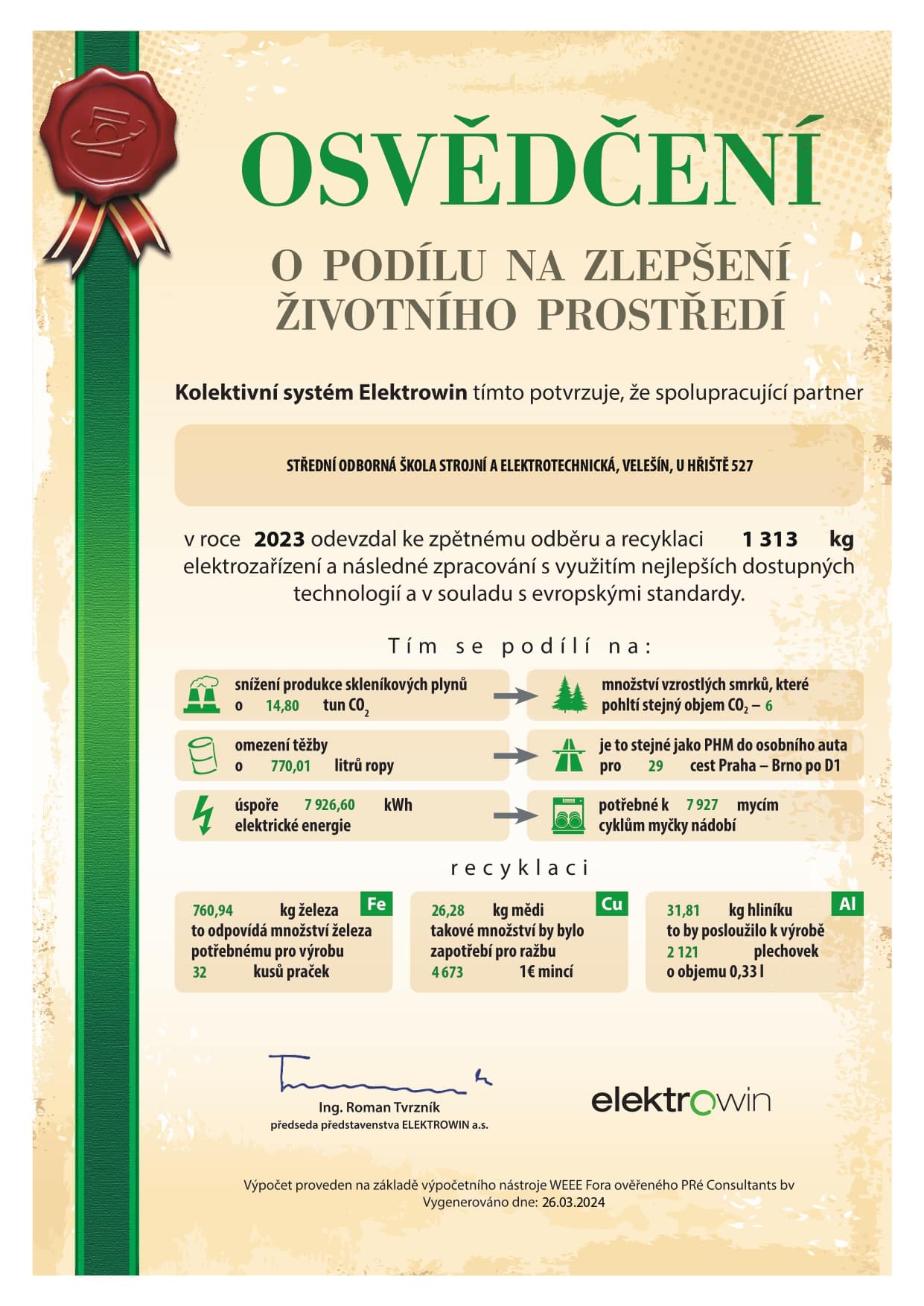Osvědčení o podílu na zlepšení životního prostředí - rok 2023