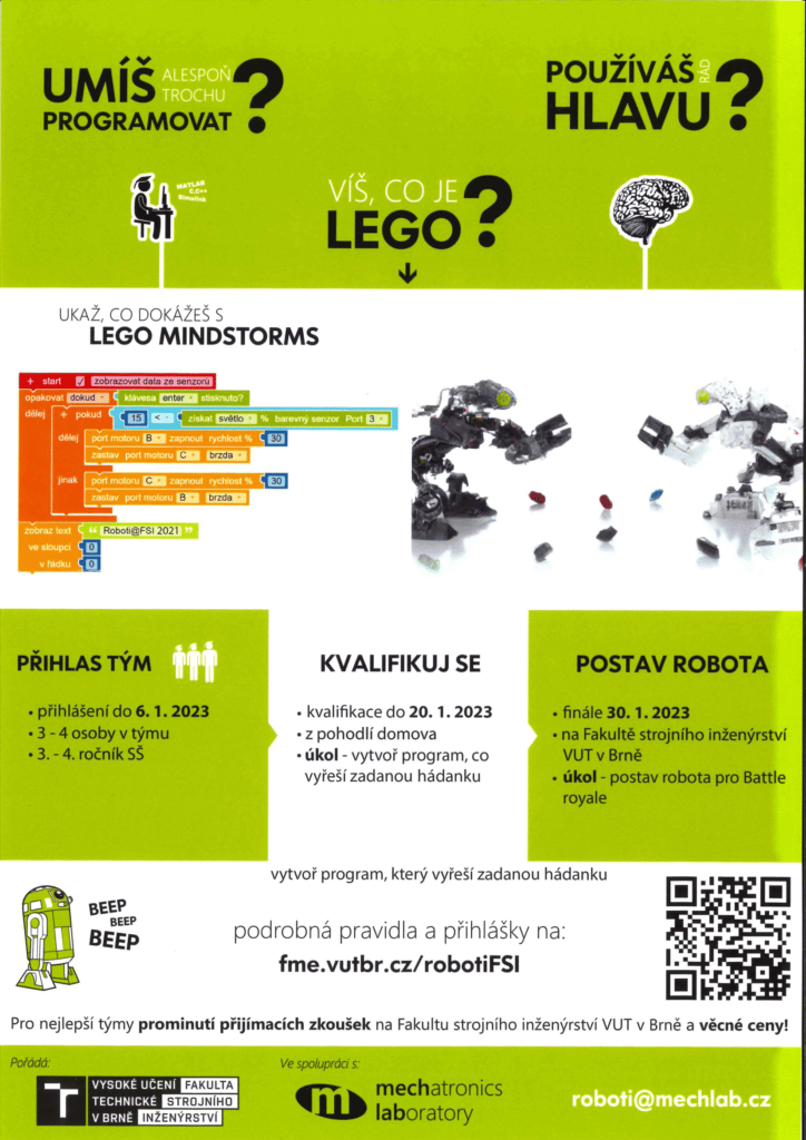 Leták k soutěži Lego Mindstorms od FSI VUT